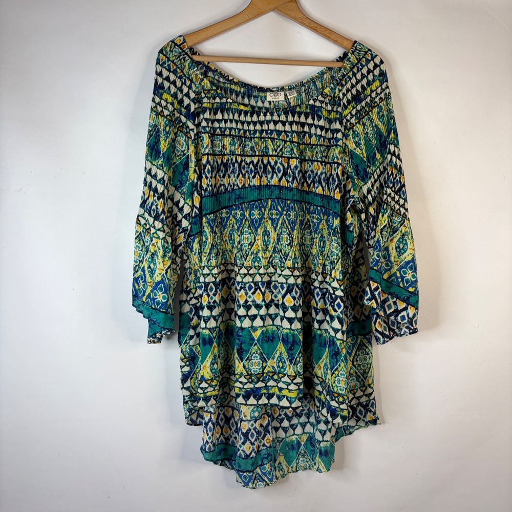Cato Blouse Women 18/20W Teal Blue Geometric Pleated High-Low Boho Top